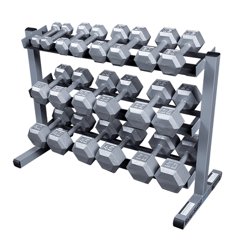 Body-Solid 3 Tier Horizontal Dumbbell Rack GDR363 with silver hex dumbbells