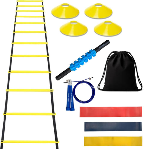 Gronk Fitness Agility Training Set | 12FT Speed Ladder, 4 Cones, Jump Rope, Massage Stick & Mini Loop Bands