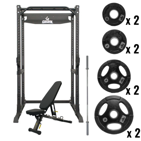 Modular Power Rack w/ Gronk FID Folding Bench, OB-85, and 105lb Multi Grip Plates