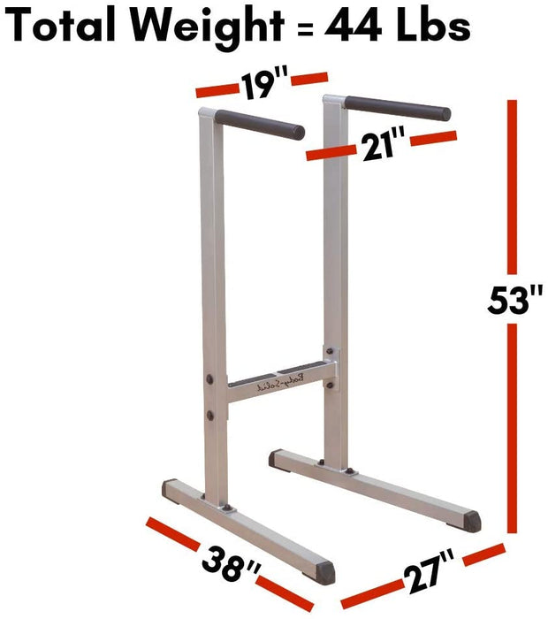 Body Solid Dip Station shown with dimensions and weight. 