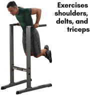 Body Solid Dip Station in use by man doing shoulder, delt and triceps exercises. 