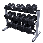 Body-Solid 3 Tier Horizontal Dumbbell Rack GDR363 with black dumbbells