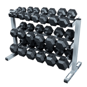 Body-Solid 3 Tier Horizontal Dumbbell Rack GDR363 with black hex dumbbells