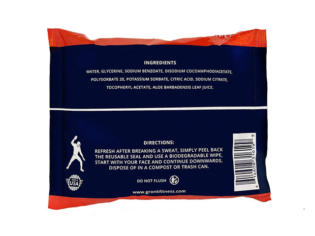Back of Gronk Fitness Athletic Wipes packaging. 