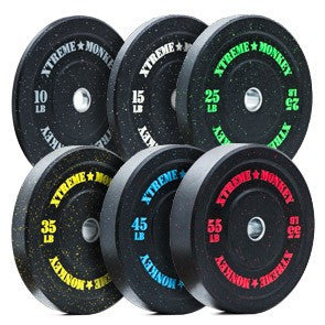 Crumb Rubber Bumper Plates in 10, 15, 25, 35, 45, and 55 weights. 