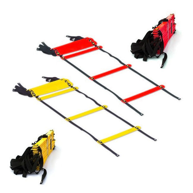 Red and yellow thirty foot bundled agility ladders.