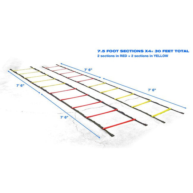 Full display of thirty foot yellow and red Agility Ladder