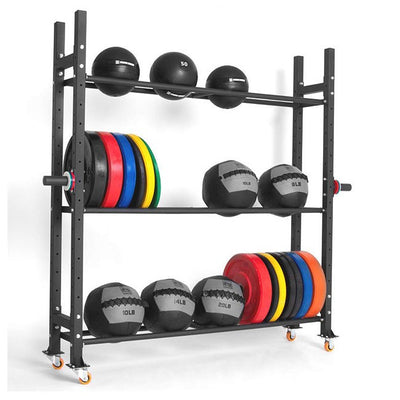 Crossbox Storage Racking System filled with medicine balls and bumper plates. 